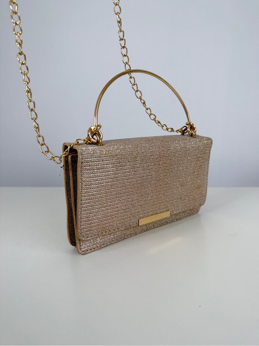 Gold Sparkle Chain-Handle Evening Clutch